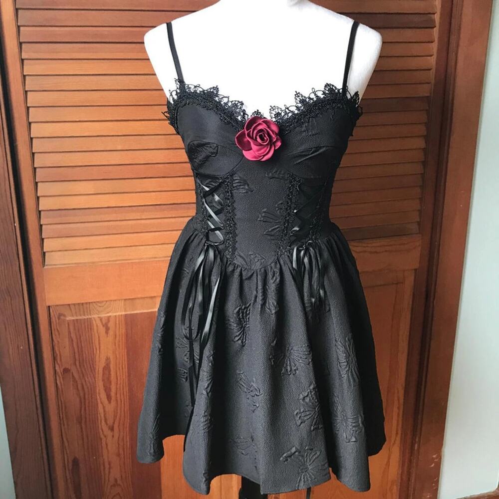 Gothic Lolita Victorian Black Textured Lace-up Panel Mini Dress SP